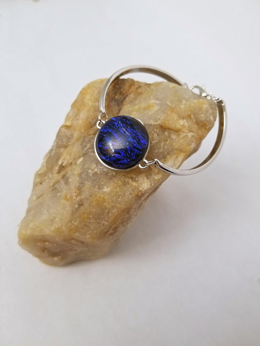 Delicate Adjustable Bracelet,  silver tone with Dichroic  Blue  wave  fused glass cabochon