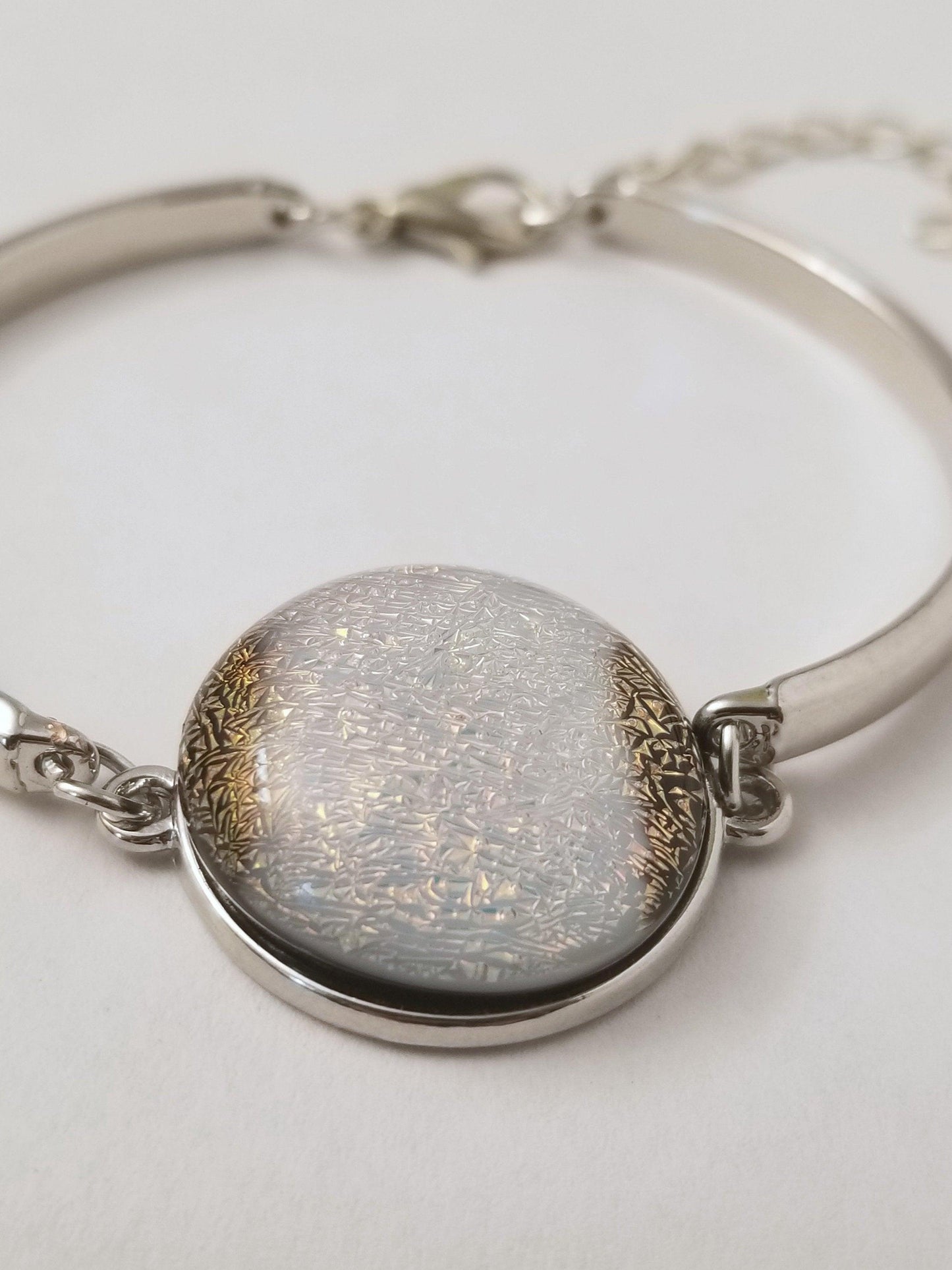 Delicate Adjustable Bracelet, silver tone with Orange and White  Dichroic fused glass cabochon