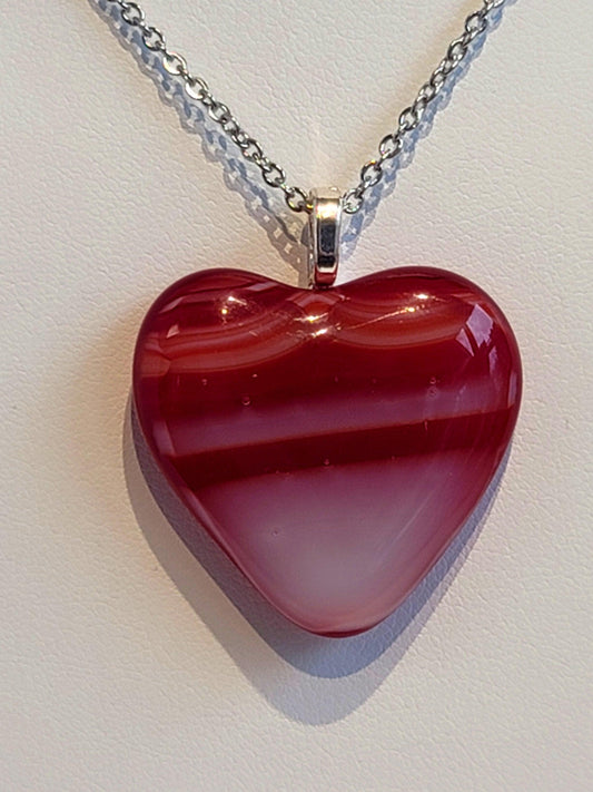 Red and White Striped Fused Glass Heart Pendant necklace on 18 inch stainless steel chain