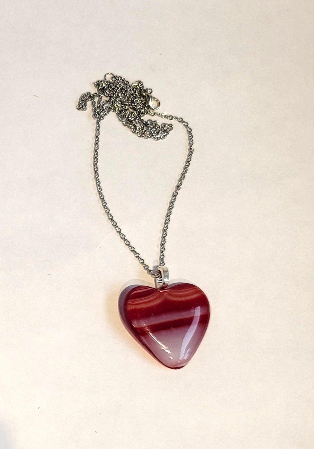 Red and White Striped Fused Glass Heart Pendant necklace on 18 inch stainless steel chain
