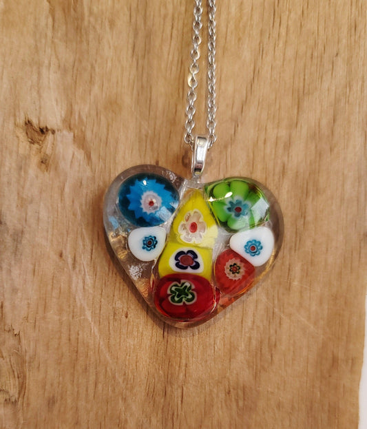 Millefiori flowered clear Fused Glass Heart Pendant necklace on 18 inch stainless steel chain