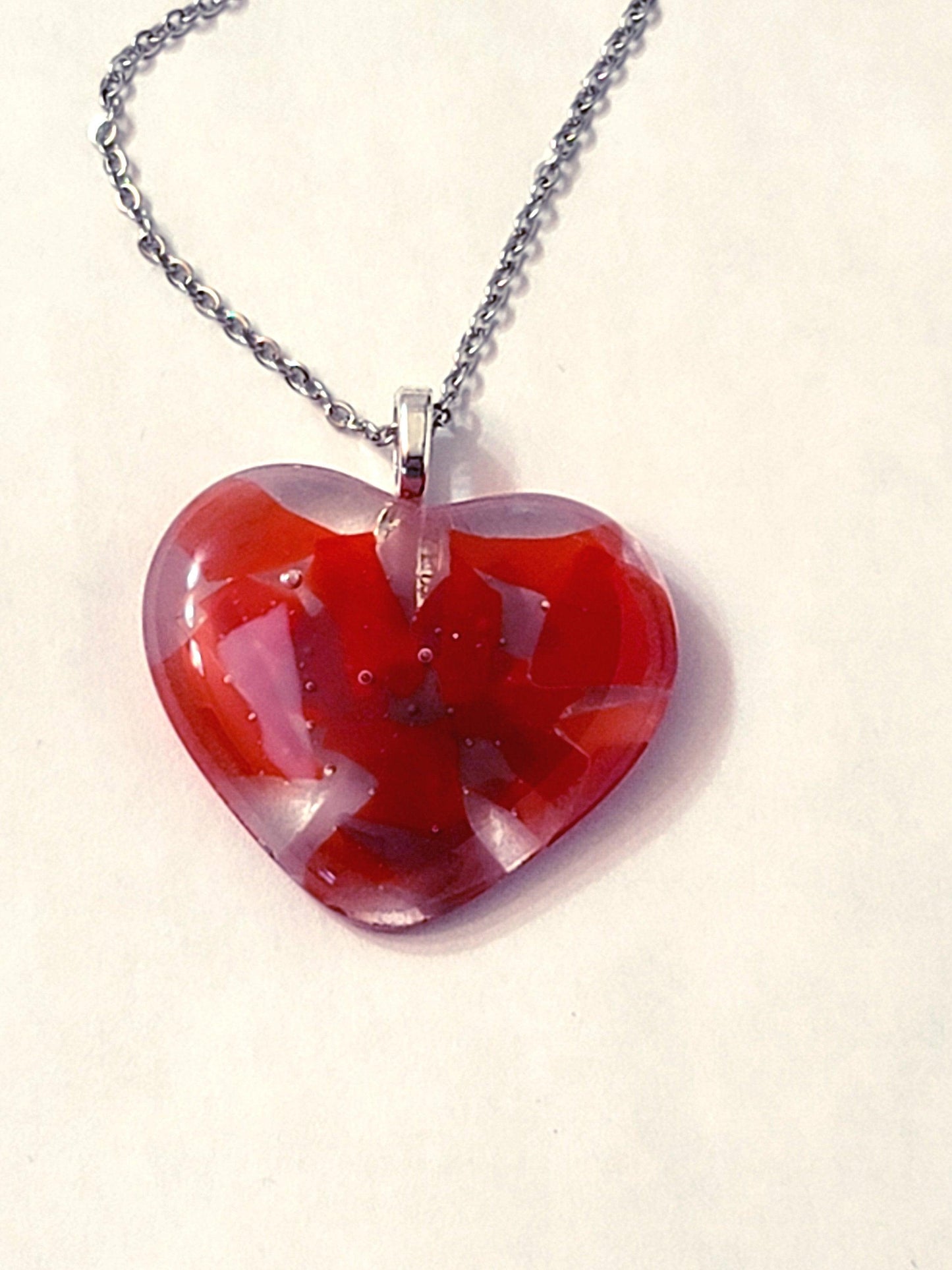 Shades of red fused Glass Heart Pendant necklace on 18 inch stainless steel chain