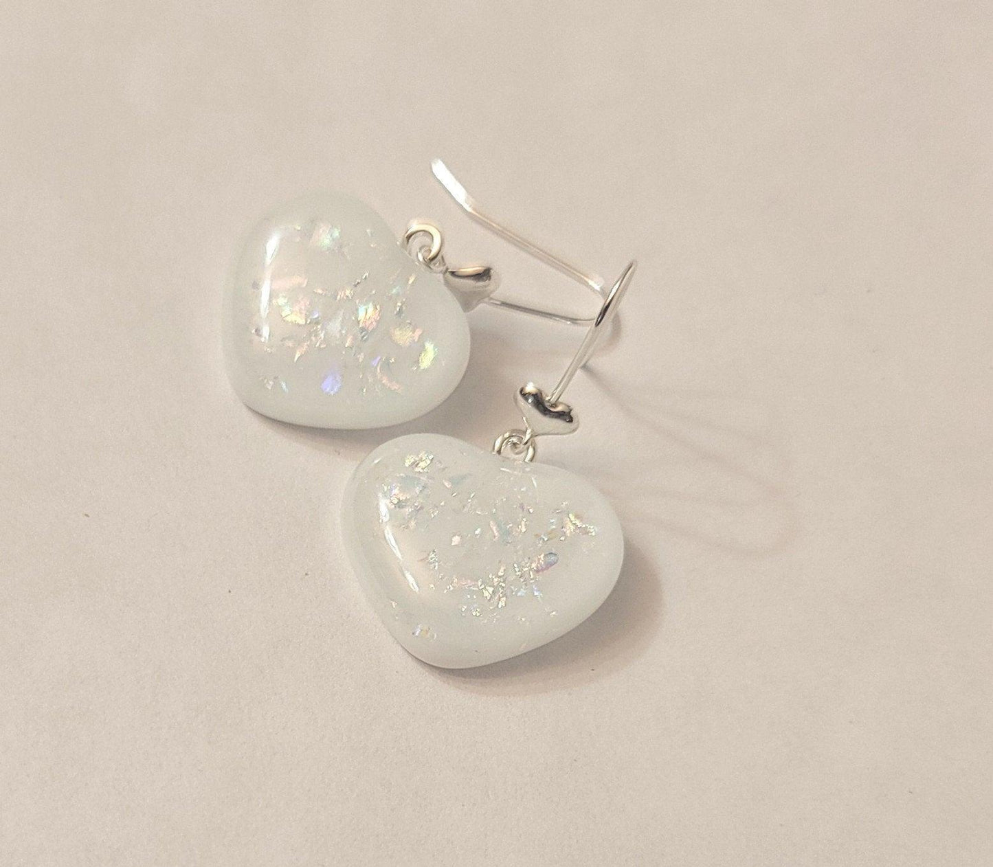 White Heart with dichroic flakes  fused glass pieced earrings with heart accent silver wires