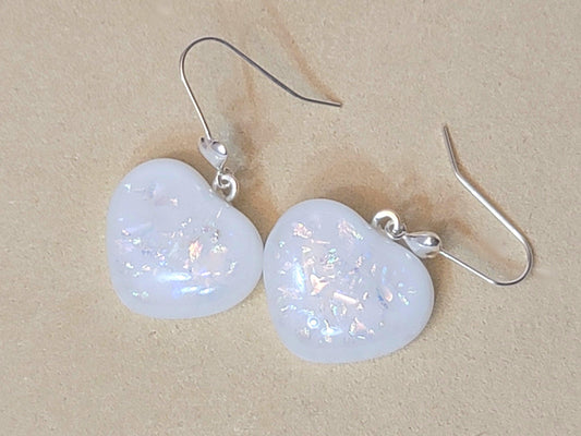 White Heart with dichroic flakes  fused glass pieced earrings with heart accent silver wires