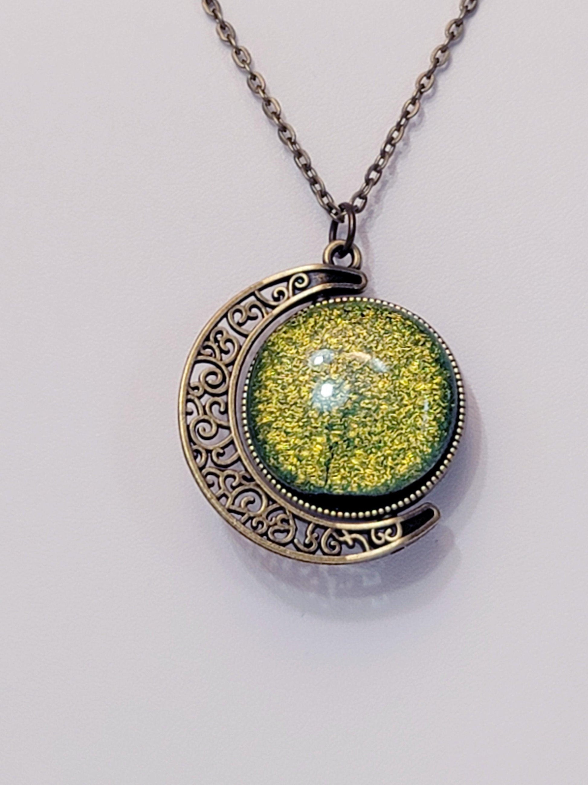 Blue and Green Dichroic Glass double sided Crescent Moon Pendant with Spinner antique bronze look on 20 inch chain. seeds glassworks, fused glass  seedsglassworks