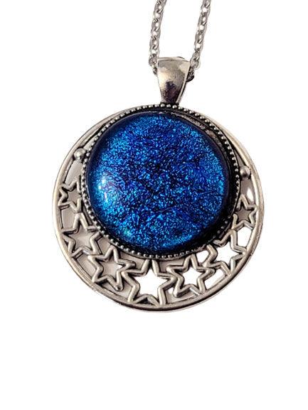 Silver tone Stars Pendant with Blue dichroic glass cabochon on a 20 inch steel metal chain. seeds glassworks fused glass jewelry