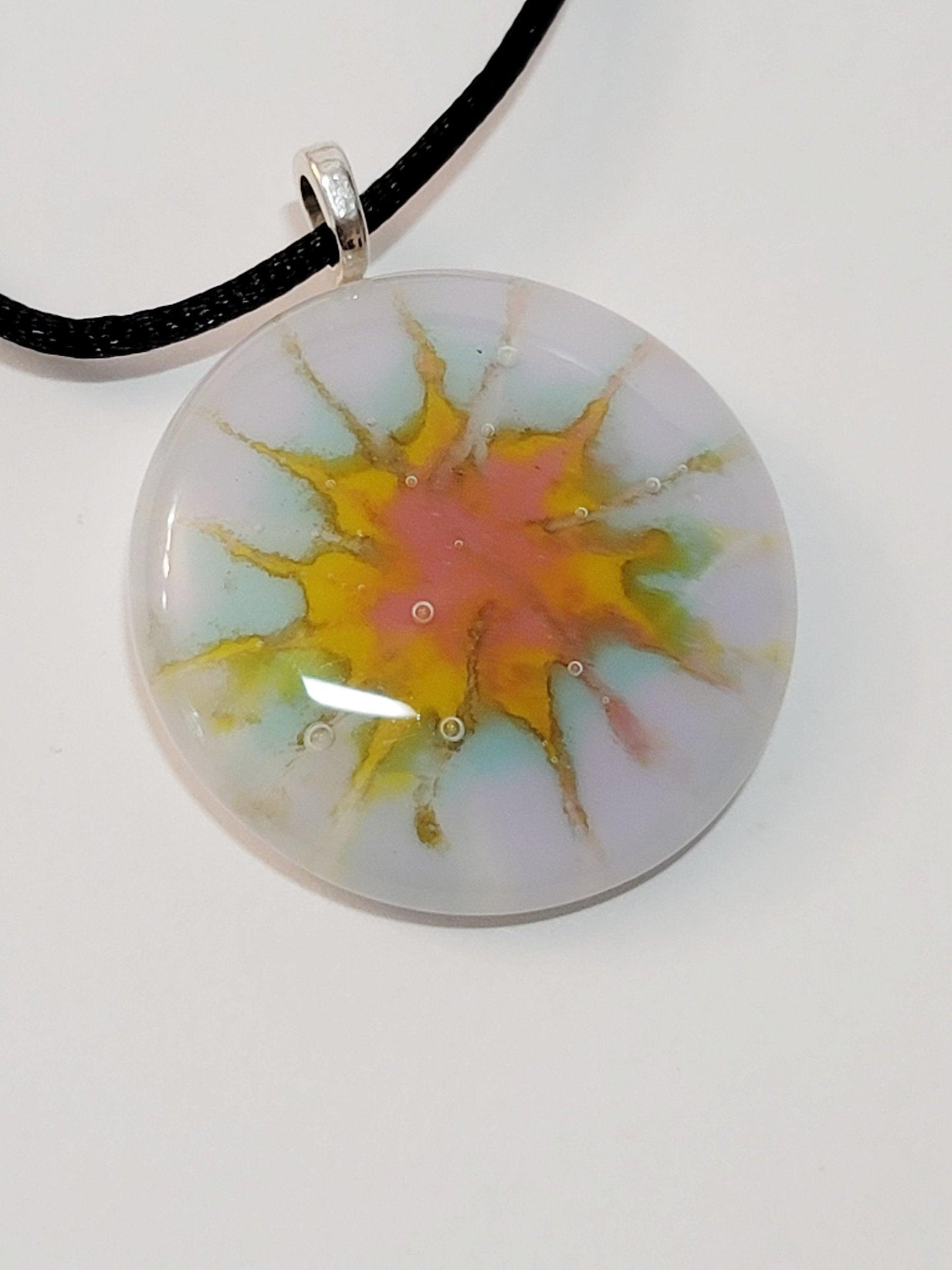 Pastel Tie Dye look fused glass Circle pendant necklace jewelry, rainbow color