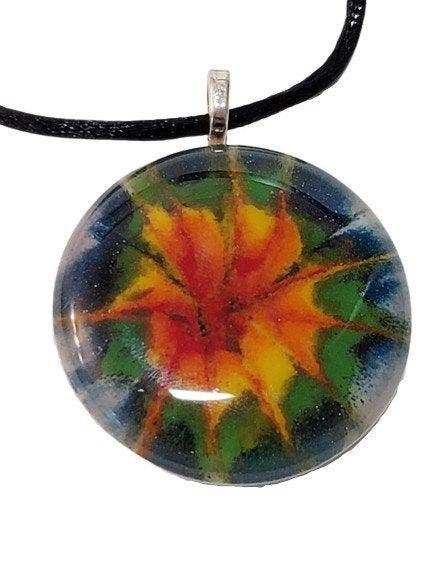 Dark Tie Dye look fused glass Circle pendant necklace jewelry, rainbow color