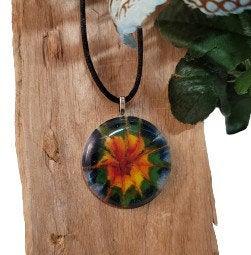 Dark Tie Dye look fused glass Circle pendant necklace jewelry, rainbow color