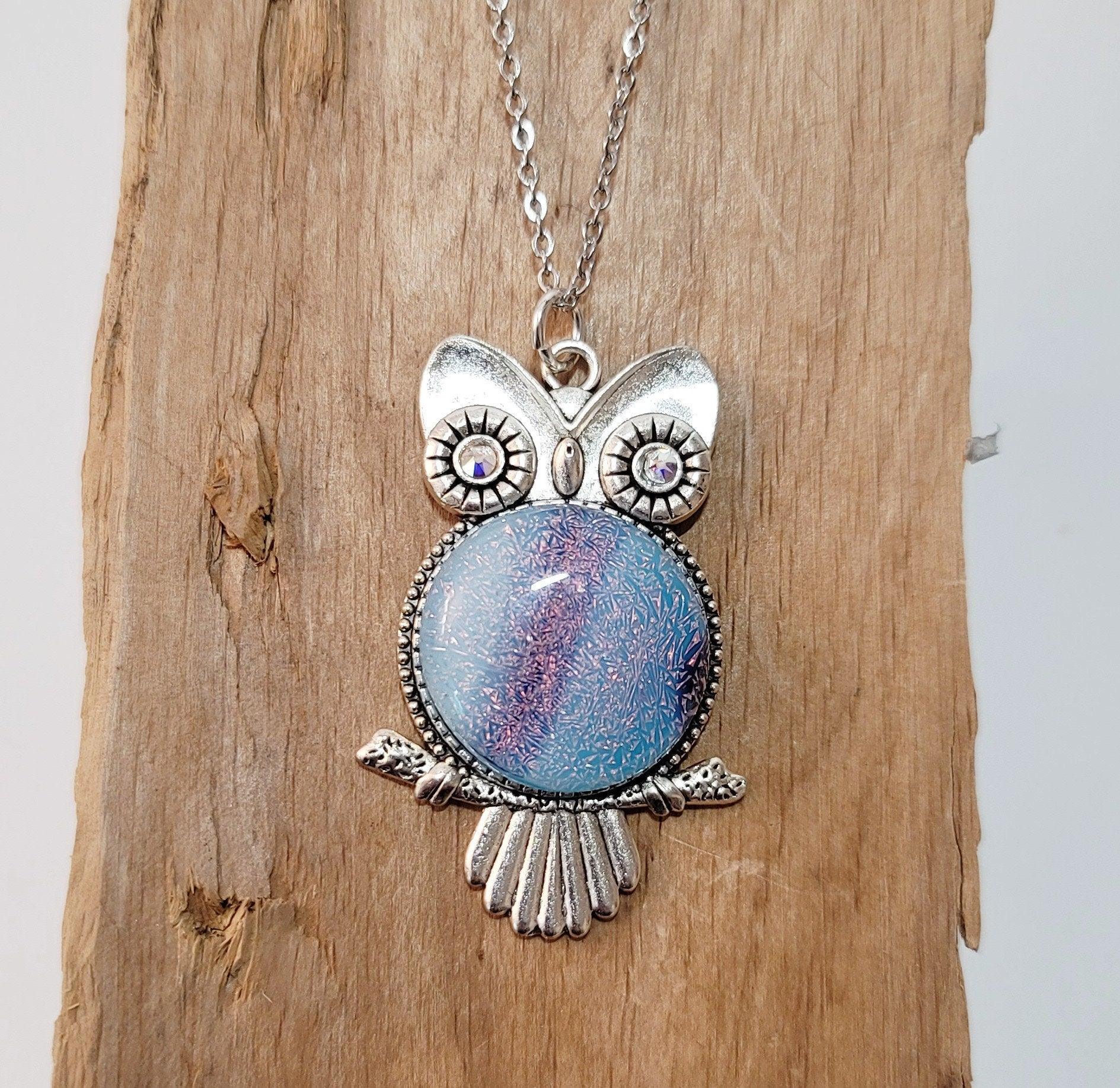 Silver tone owl with blue/red dichroic fused glass pendant on an 20 inch steel chain seedsglassworks seeds glassworks