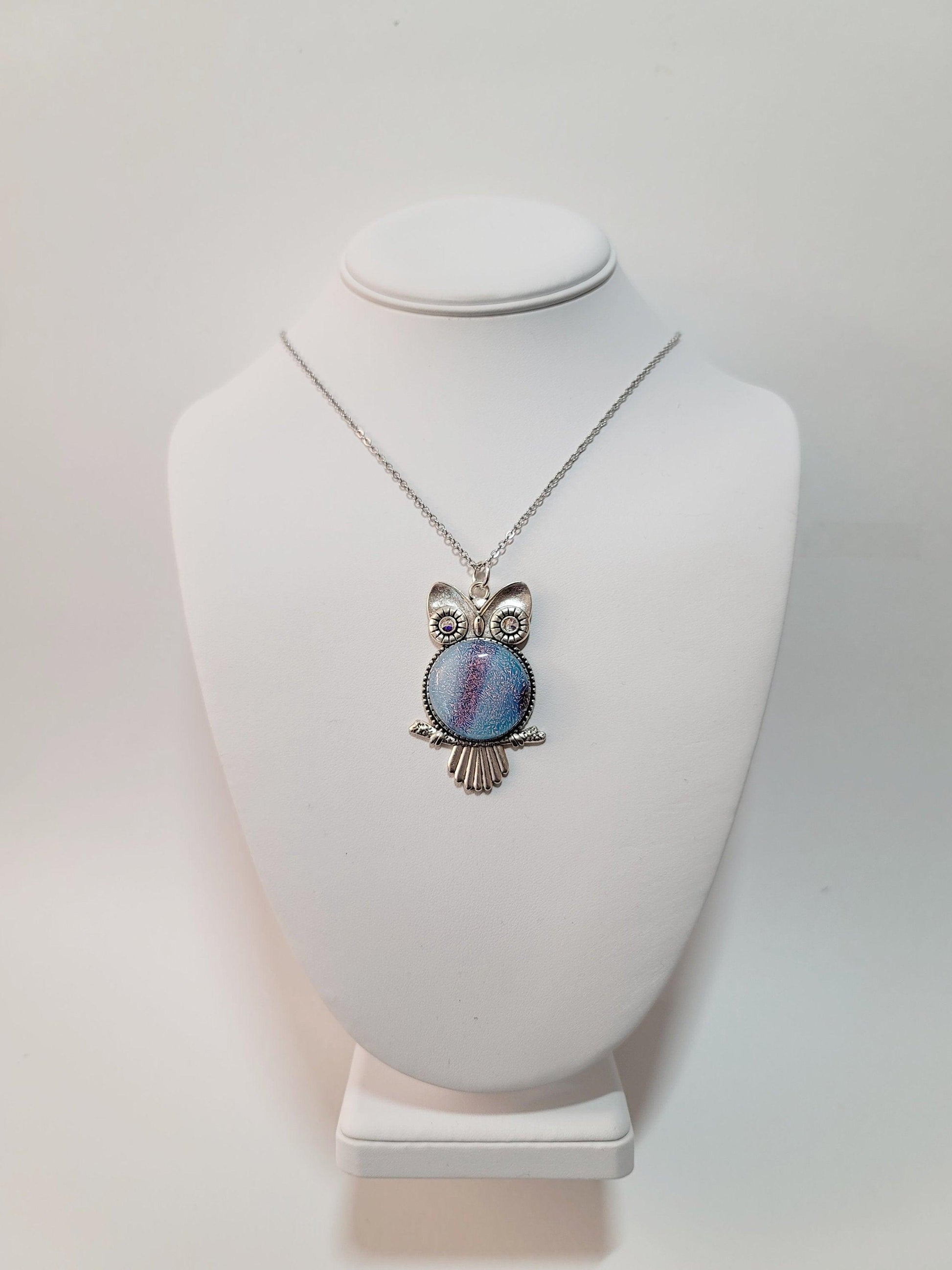 Silver tone owl with blue/red dichroic fused glass pendant on an 20 inch steel chain seedsglassworks seeds glassworks