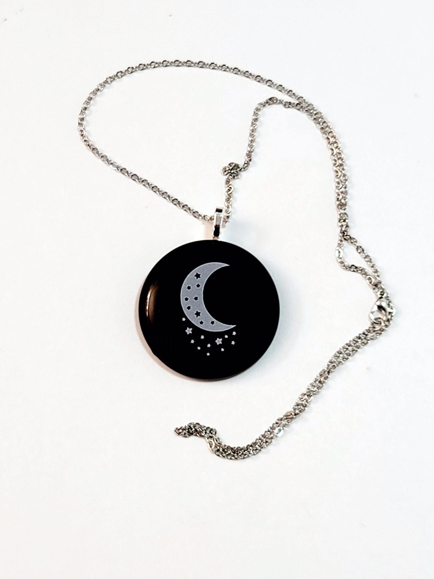 White Stars & Crescent Moon black fused glass circle pendant necklace with 20 inch steel chain seeds glassworks seedsglassworks