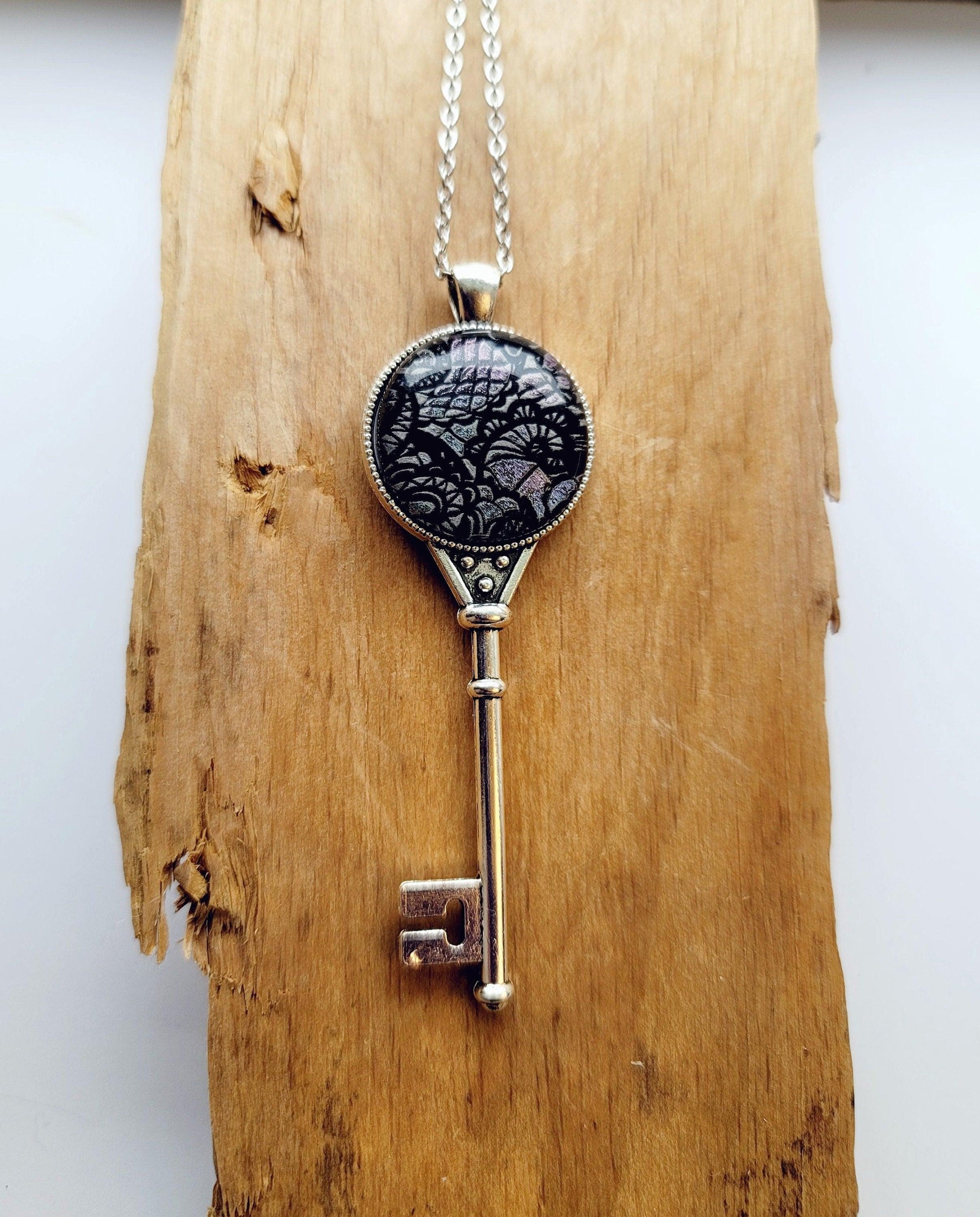 Silver tone Skeleton Key pendant necklace with Fused Glass dark Silver Lace cabochon on 24 inch steel chain jewelry seedsglassworks seeds glassworks