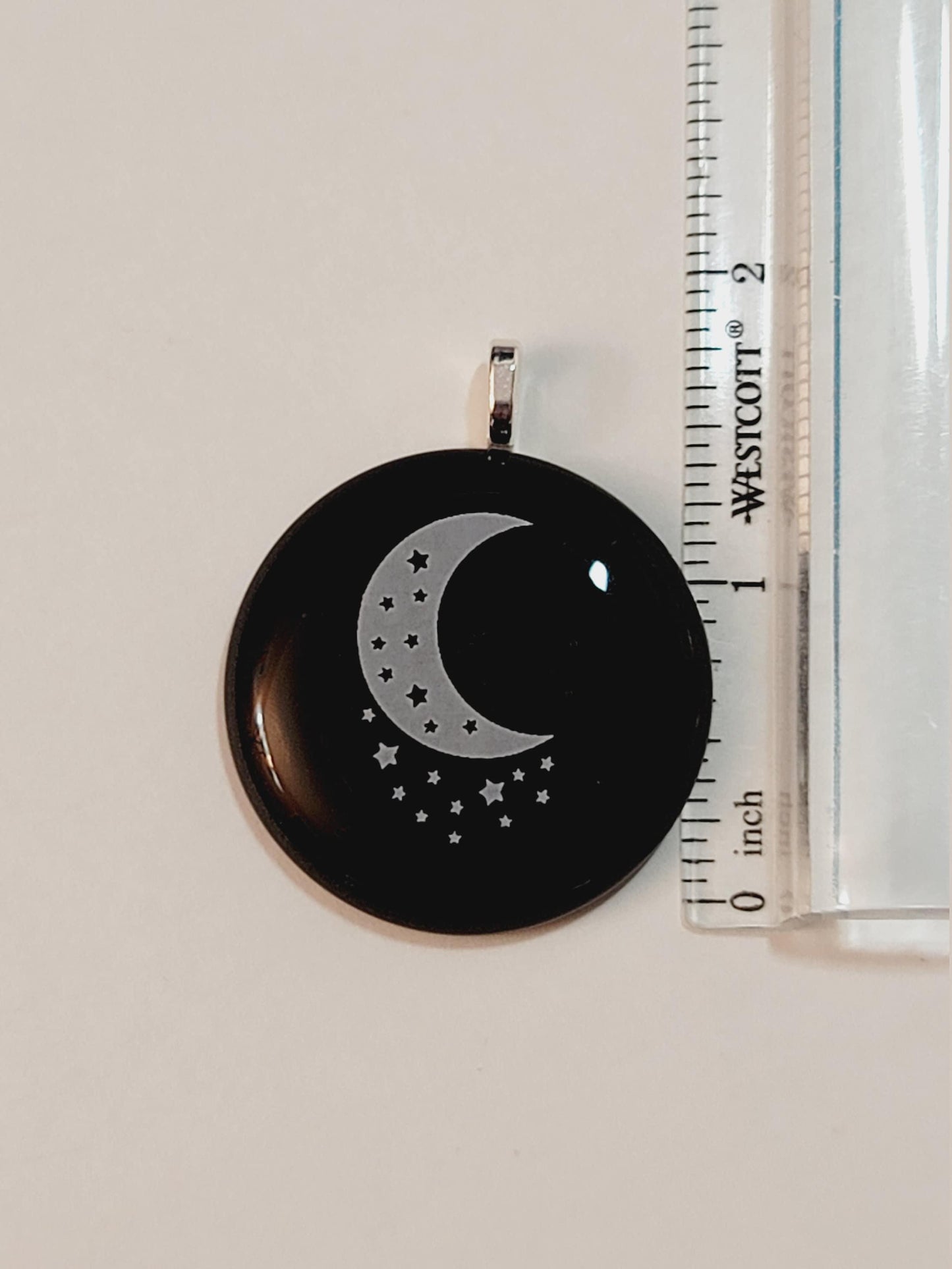 White Stars & Crescent Moon black fused glass circle pendant necklace with 20 inch steel chain seeds glassworks seedsglassworks