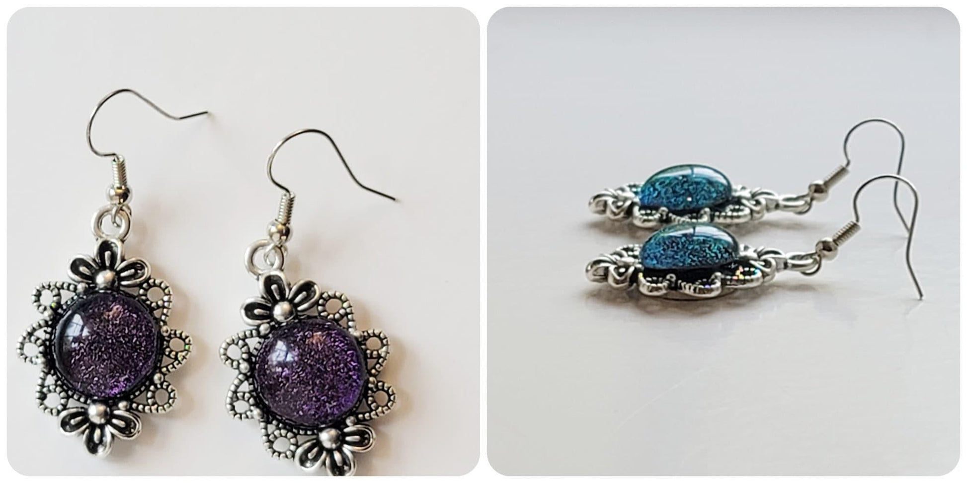 Silver tone flower earrings with color shifting purple dichroic fused glass cabo pierced seedsglassworks seeds glassworks