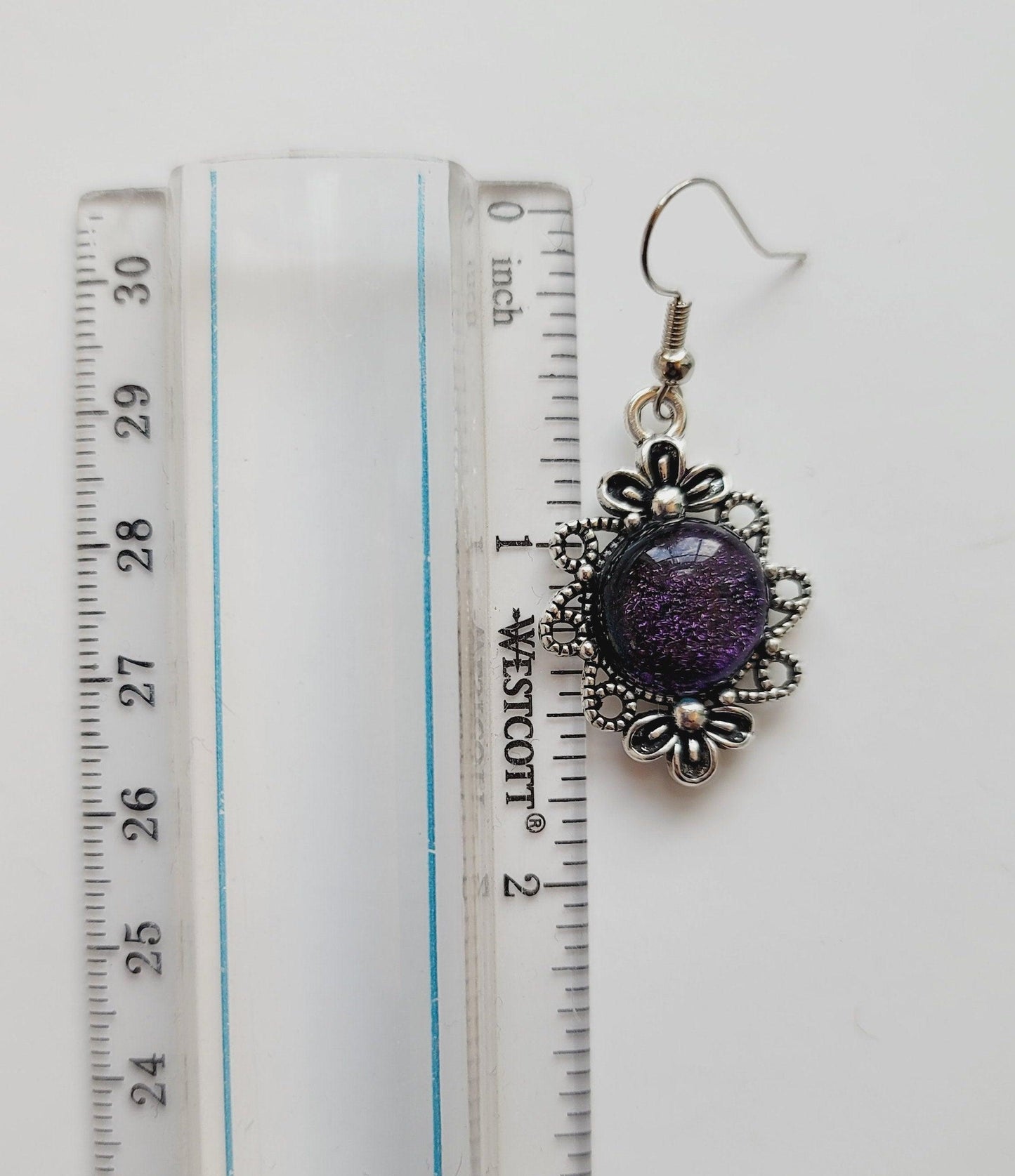 Silver tone flower earrings with color shifting purple dichroic fused glass cabo pierced seedsglassworks seeds glassworks