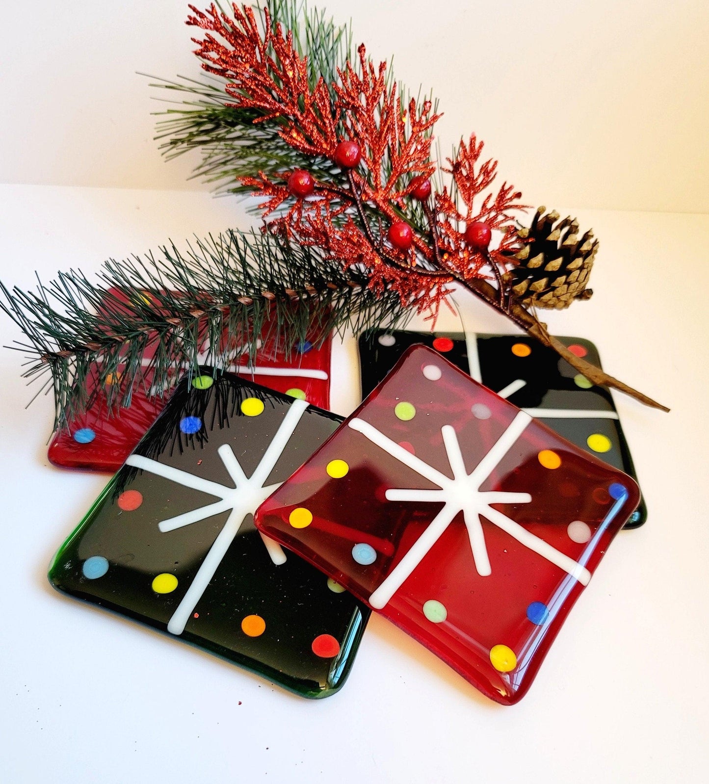 Whimsical Christmas Present Clear Fused Glasss Coasters (set of 4)
