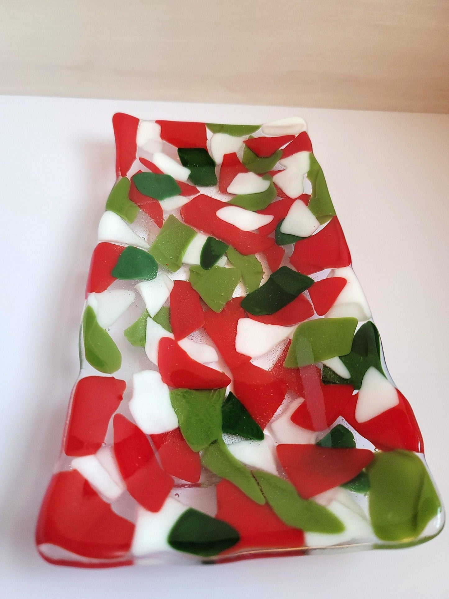 Christmas Green, Red, White and Clear 10x5 inch Fused Glass Platter.