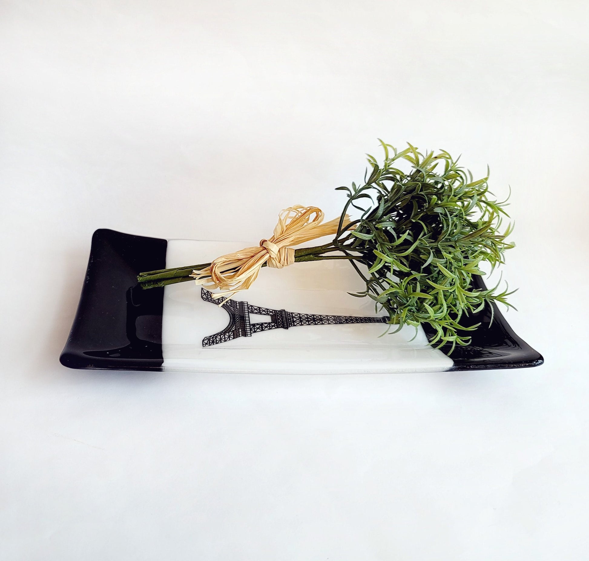 Black and White French Eiffel tower fused glass 10 x 5 inch serving plate seedsglassworks seeds glassworks