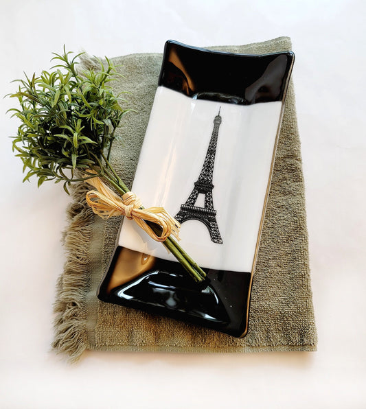 Black and White French Eiffel tower fused glass 10 x 5 inch serving plate seedsglassworks seeds glassworks
