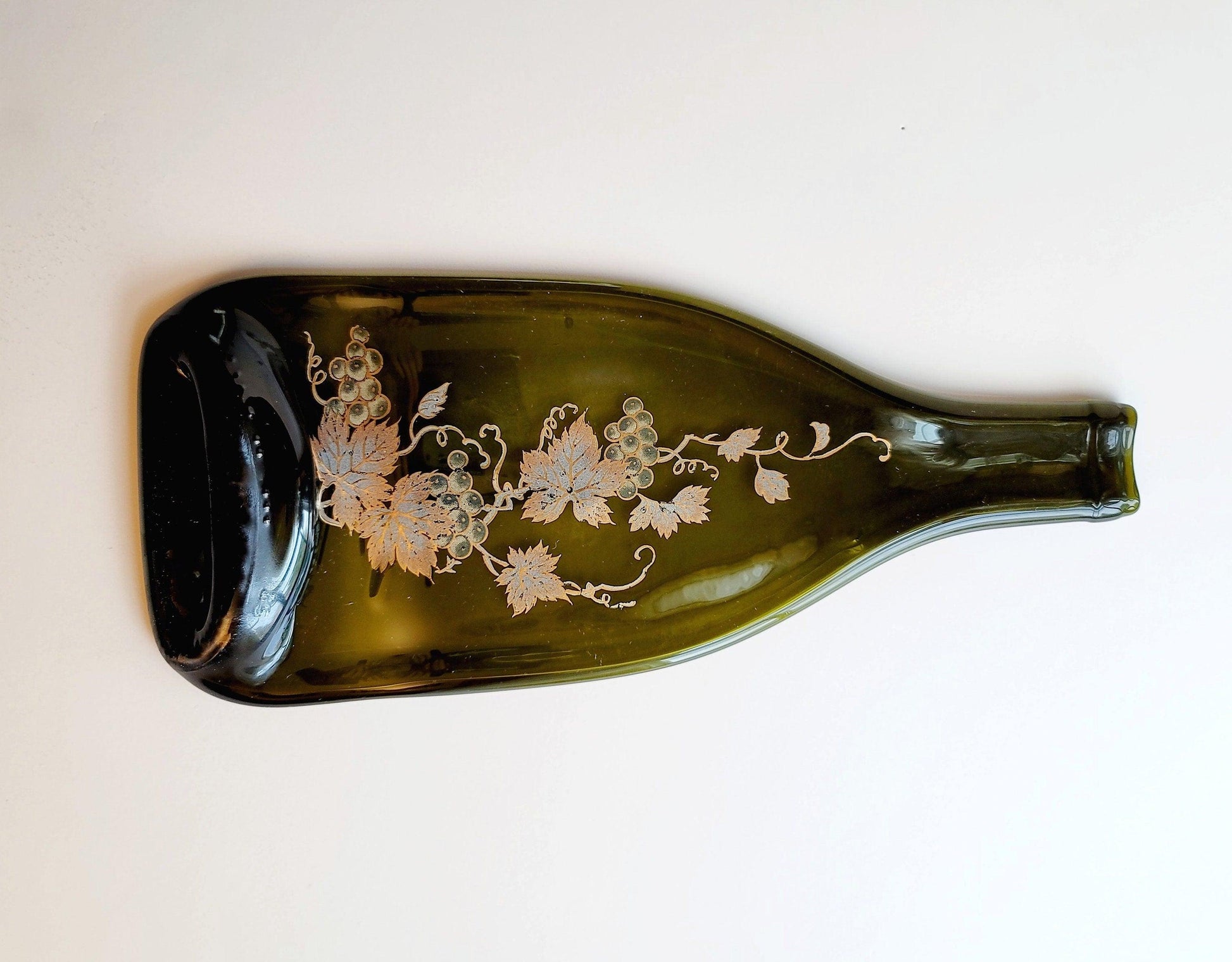 Flattened Wine Bottle cheese plate with metalic floral pattern, serving tray housewarming gift, home decor, recylced, seedsglassworks seeds glassworks