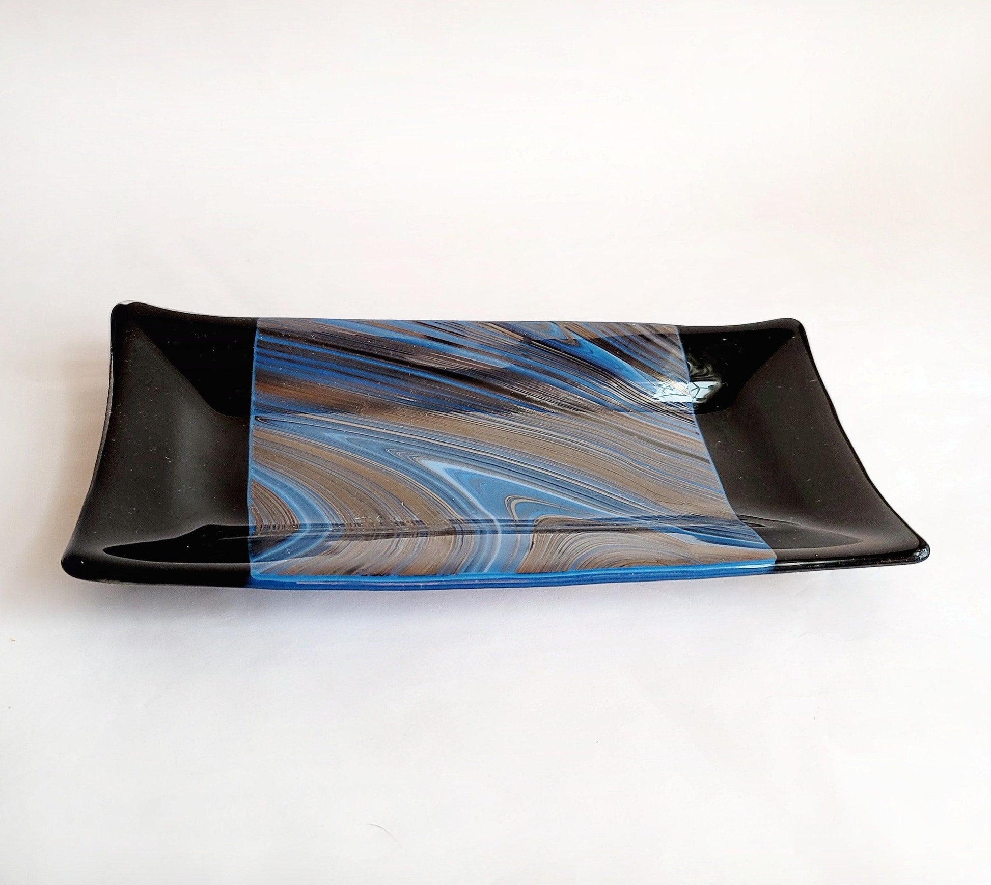 Black and Blue Swirl fused glass 10 x 5 inch serving plate seedsglassworks seeds glassworks