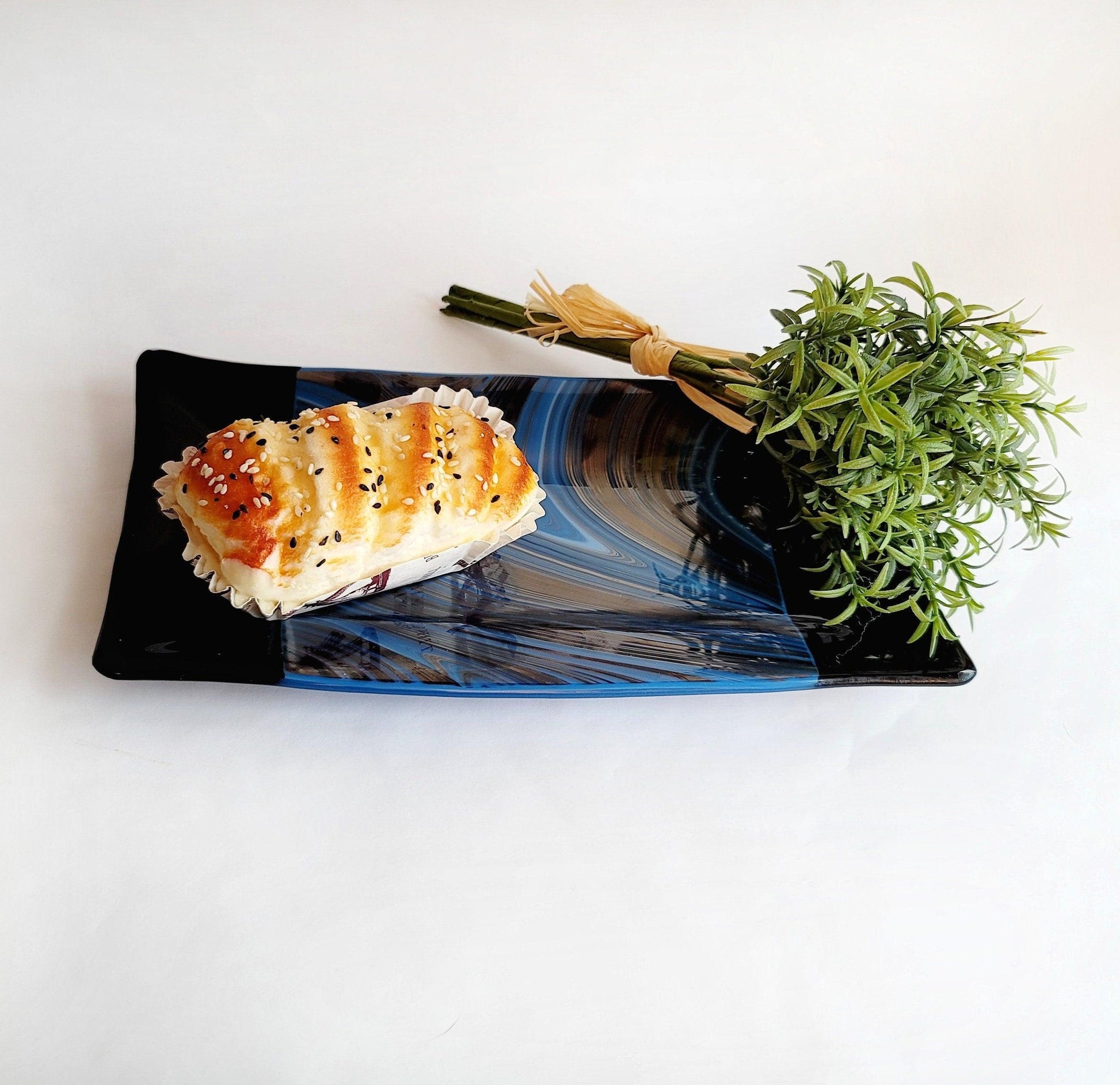 Black and Blue Swirl fused glass 10 x 5 inch serving plate seedsglassworks seeds glassworks
