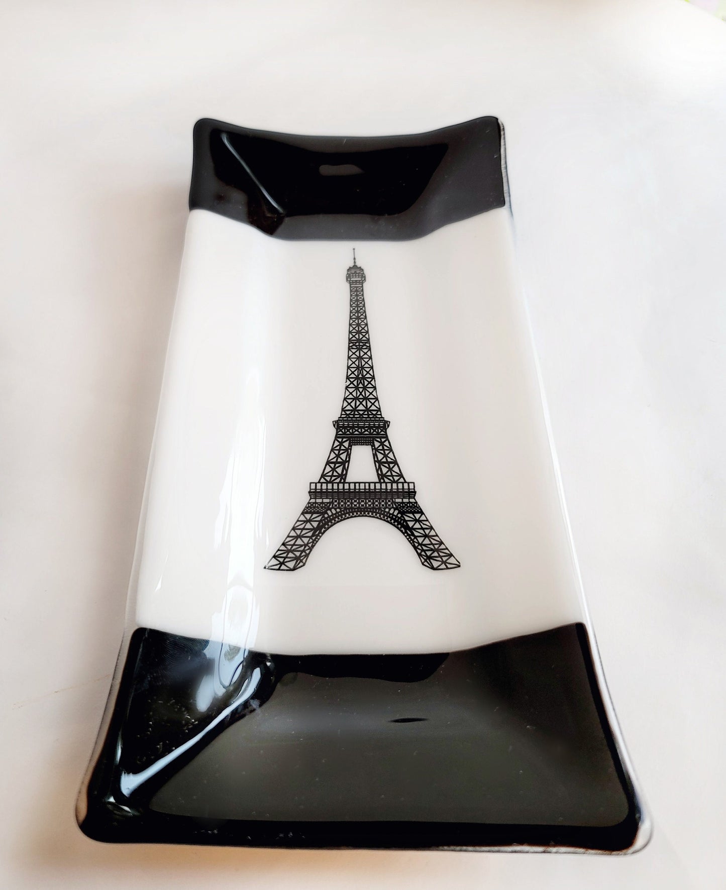 Black and White French Eiffel tower fused glass 10 x 5 inch serving plate seedsglassworks seeds glassworks