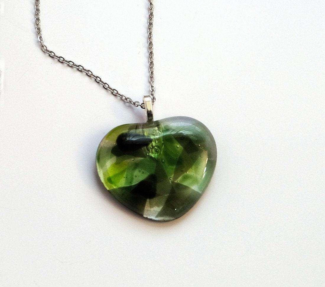 Shades of Green fused Glass Heart Pendant necklace on 18 inch stainless steel chain