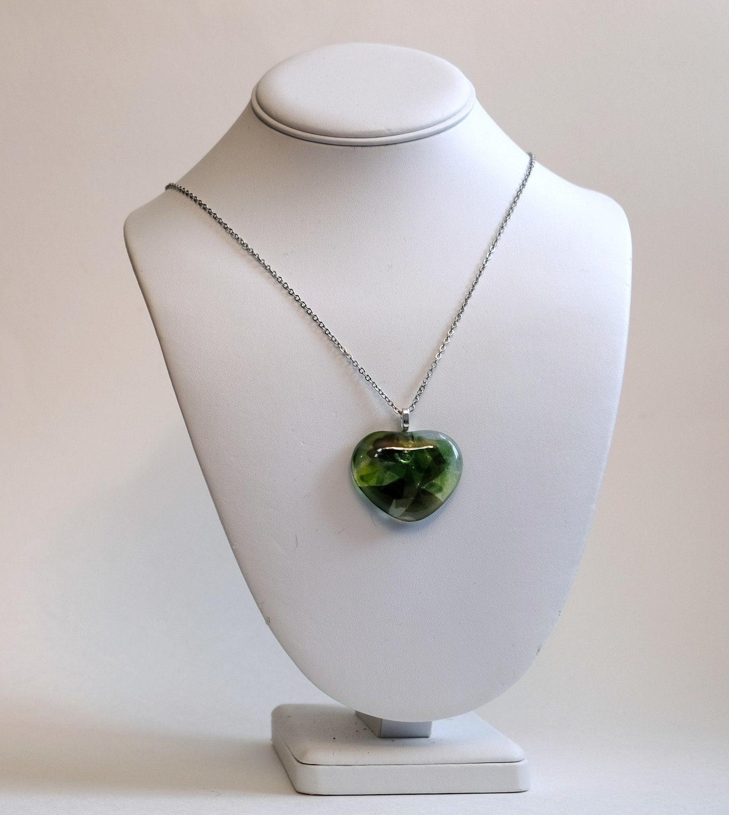 Shades of Green fused Glass Heart Pendant necklace on 18 inch stainless steel chain