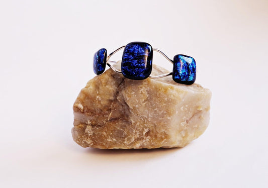 Adjustable cuff Bracelet, silver tone with 3 Dichroic Blue wave fused glass cabochons seeds glassworks seedsglassworks