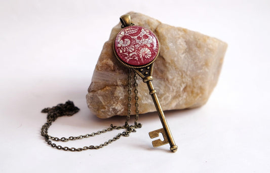 Antiqued Brass Skeleton Key pendant necklace with Fused Glass red lace Dichroic cabochon on 24 inch brass plated chain jewelry  steam punk and Victorian style seeds glassworks seedsglassworks