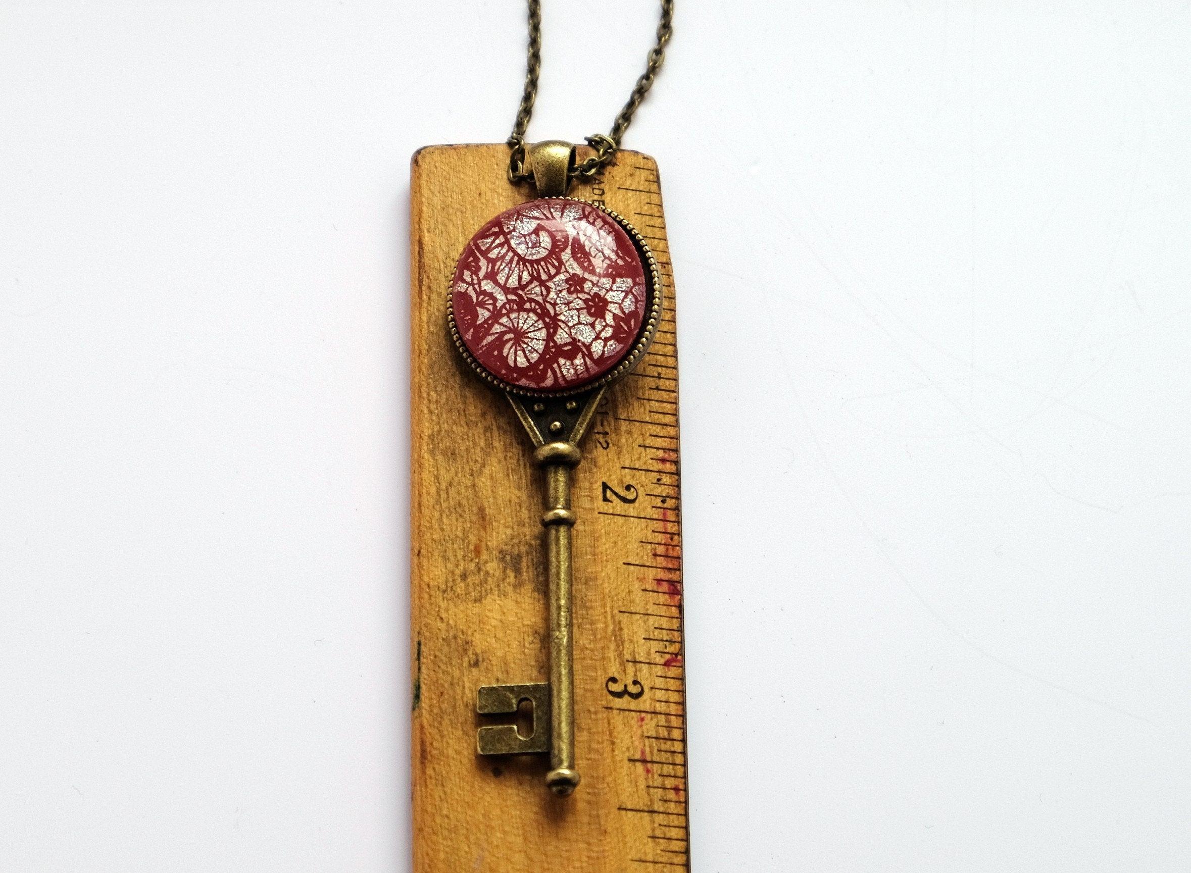 Antiqued Brass Skeleton Key pendant necklace with Fused Glass red lace Dichroic cabochon on 24 inch brass plated chain jewelry  steam punk and Victorian style seeds glassworks seedsglassworks