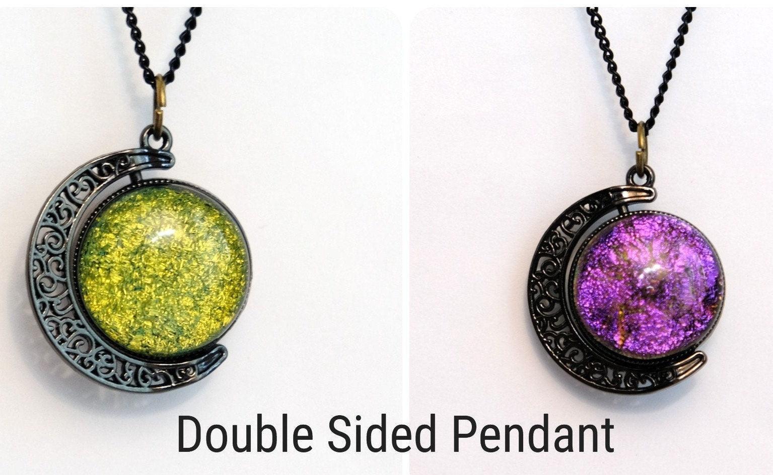 Double Sided Crescent Moon Celestial Pendant Necklace Purple and Green Dichroic Fused Glass Spinner on 20 inch chain seedsglassworks seeds glassworks