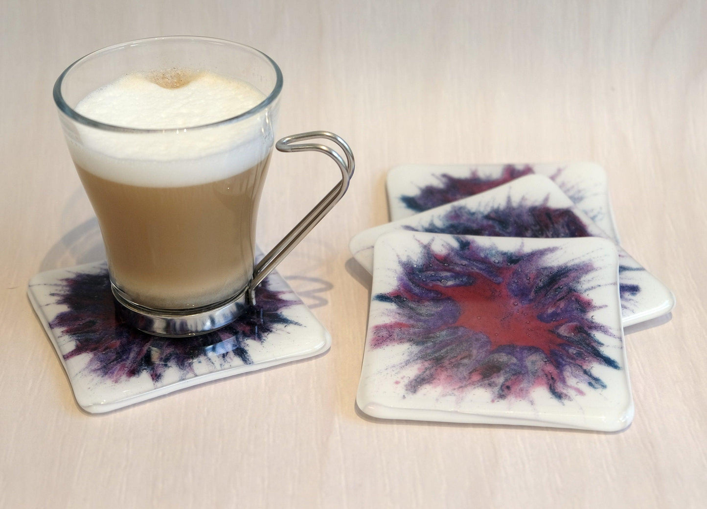 Red/Purple/white Paint Pour-like swirl fused glass drink coaster, set of 4, handmade, housewarming gift, home décor