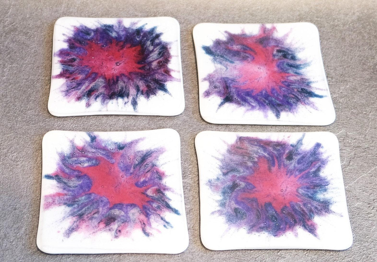 Red/Purple/white Paint Pour-like swirl fused glass drink coaster, set of 4, handmade, housewarming gift, home décor