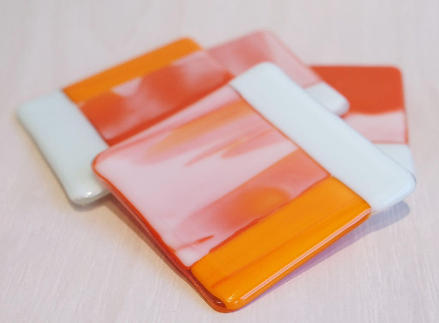 Orange/White/Red swirl fused glass drink coaster, set of 4, handmade, housewarming gift, home décor