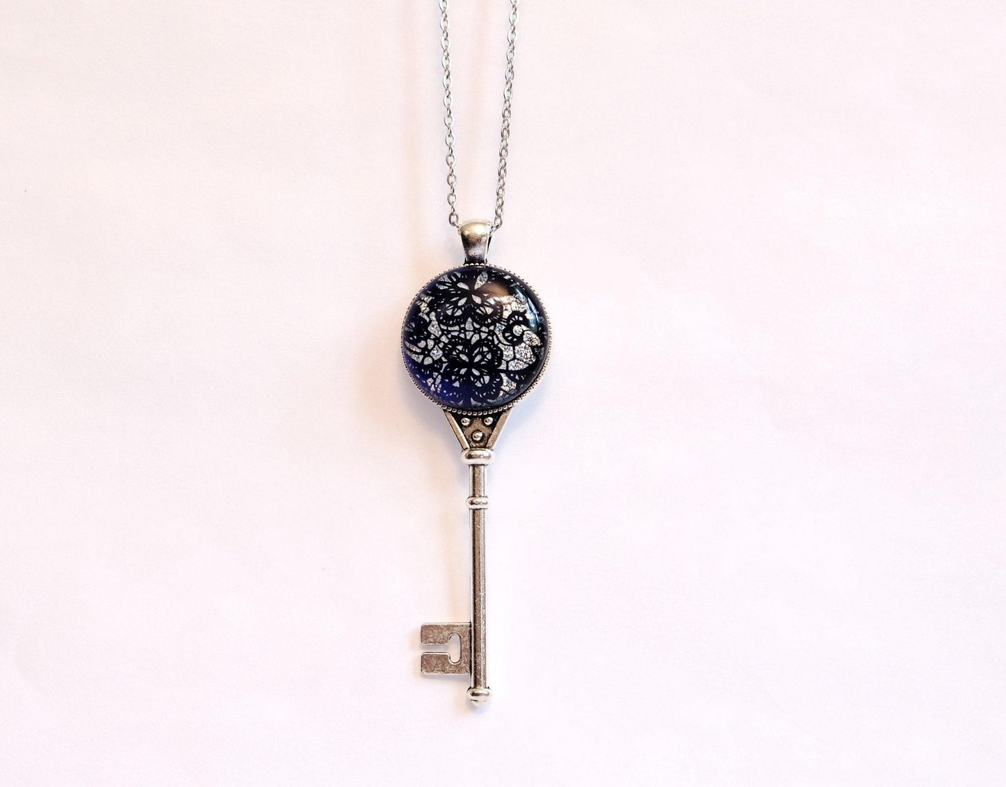 Silver tone Skeleton Key pendant necklace with Fused Glass blue and silver dichroic Lace cabochon on 24 inch steel chain jewelry