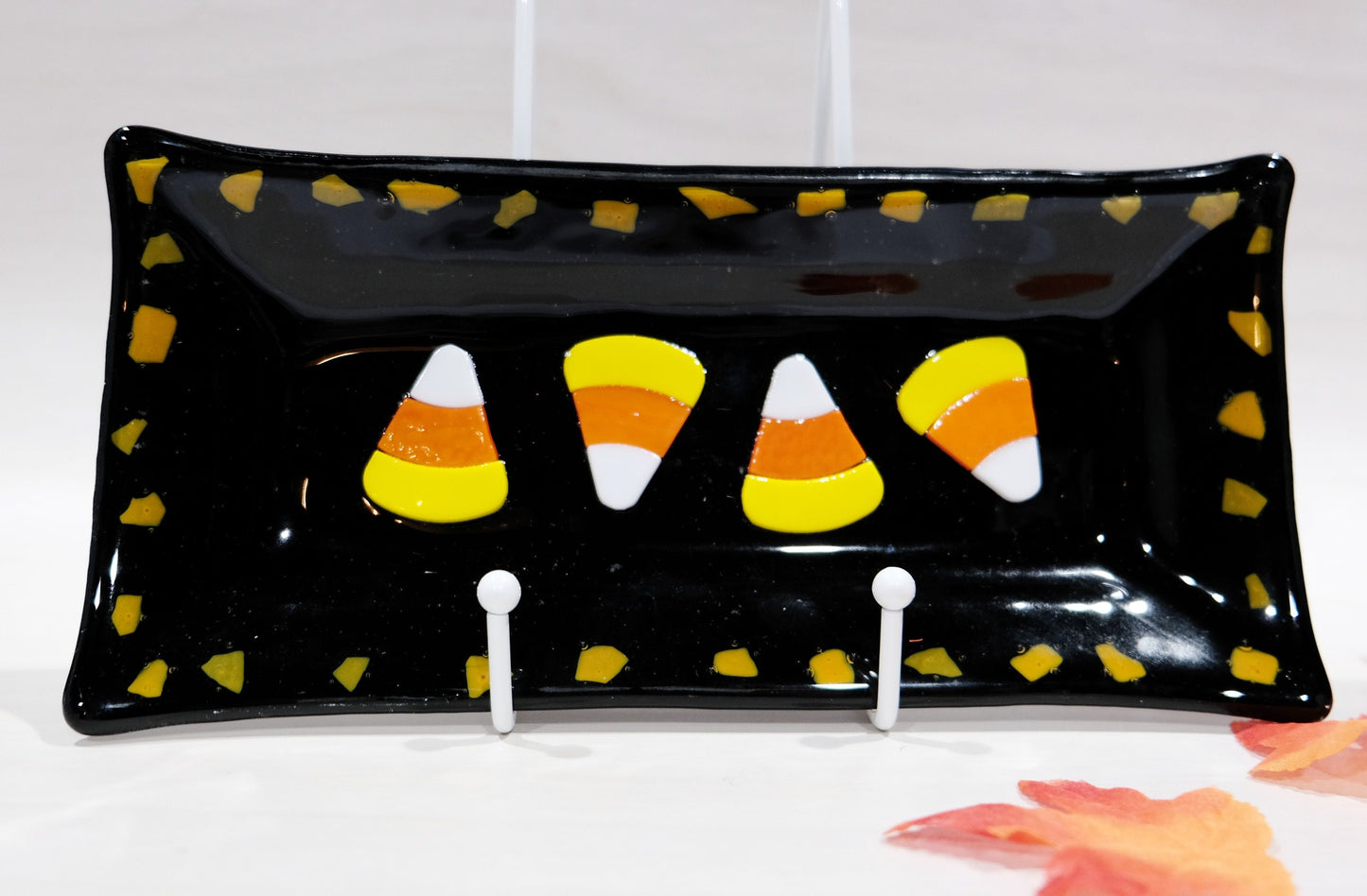 Halloween Theme fused glass serving plate dish tray, 10 x 5 inch, black, orange, white, candy corn, home decor decoration