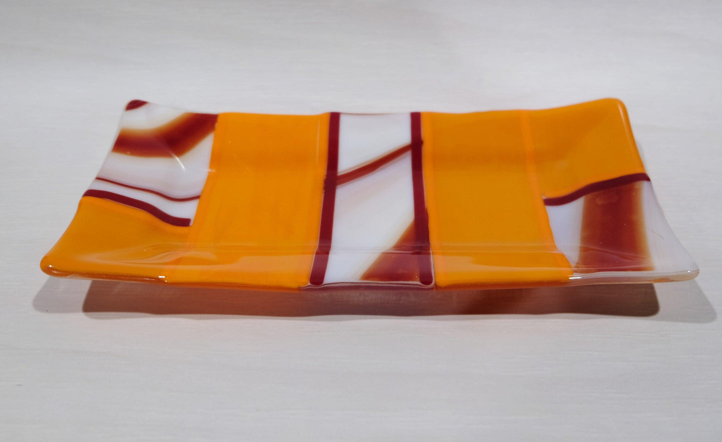 Fused glass serving plate dish tray, 10 x 5 inch, Red, orange, white, geometric pattern , home decor decoration