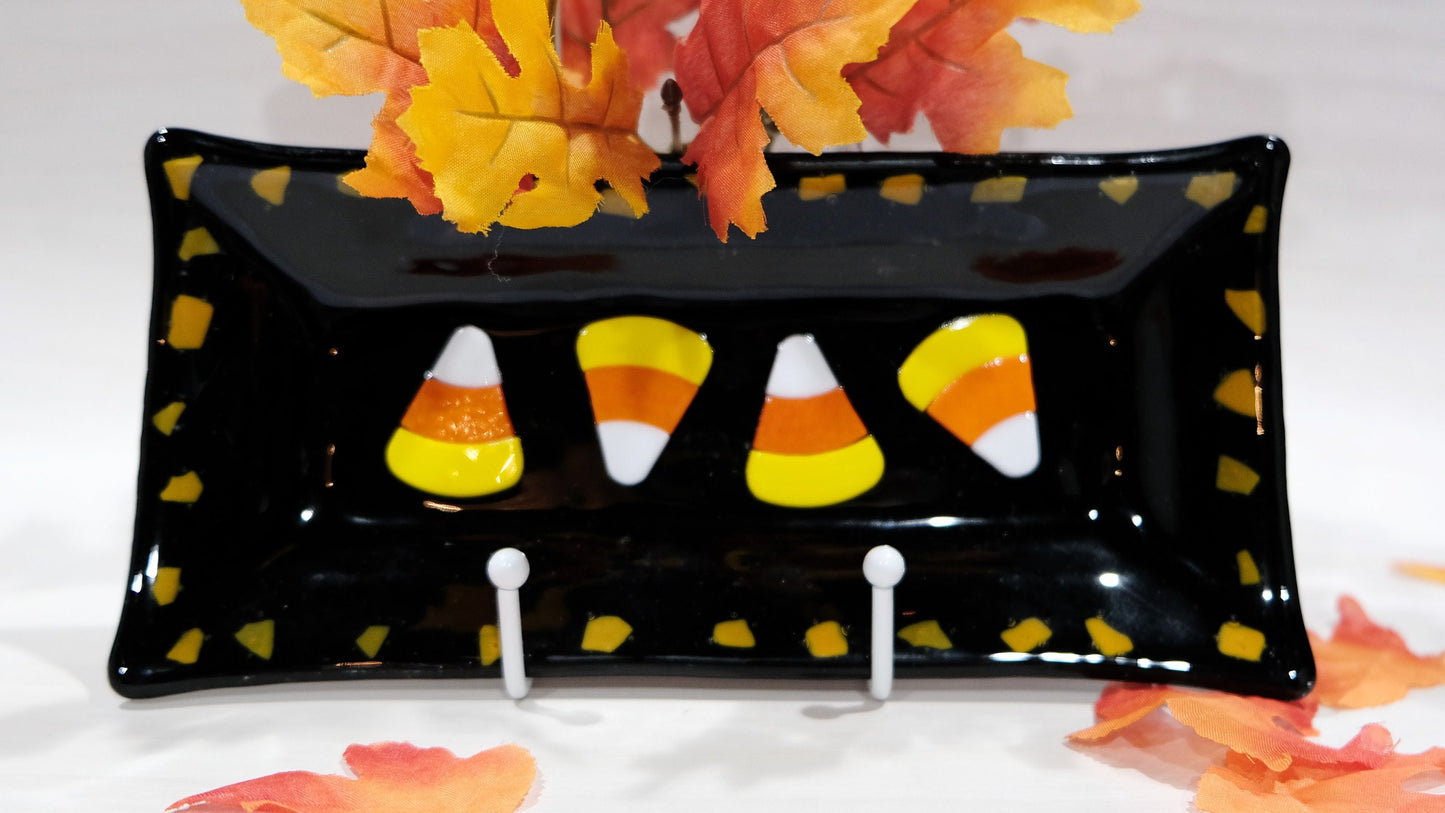 Halloween Theme fused glass serving plate dish tray, 10 x 5 inch, black, orange, white, candy corn, home decor decoration
