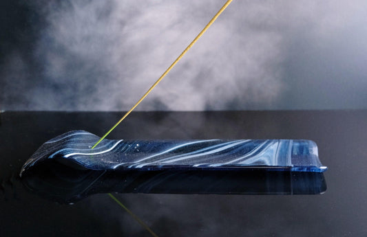 Stick Incense Burner, black and blue aventurine sparkling fused glass 12 x 3 inches