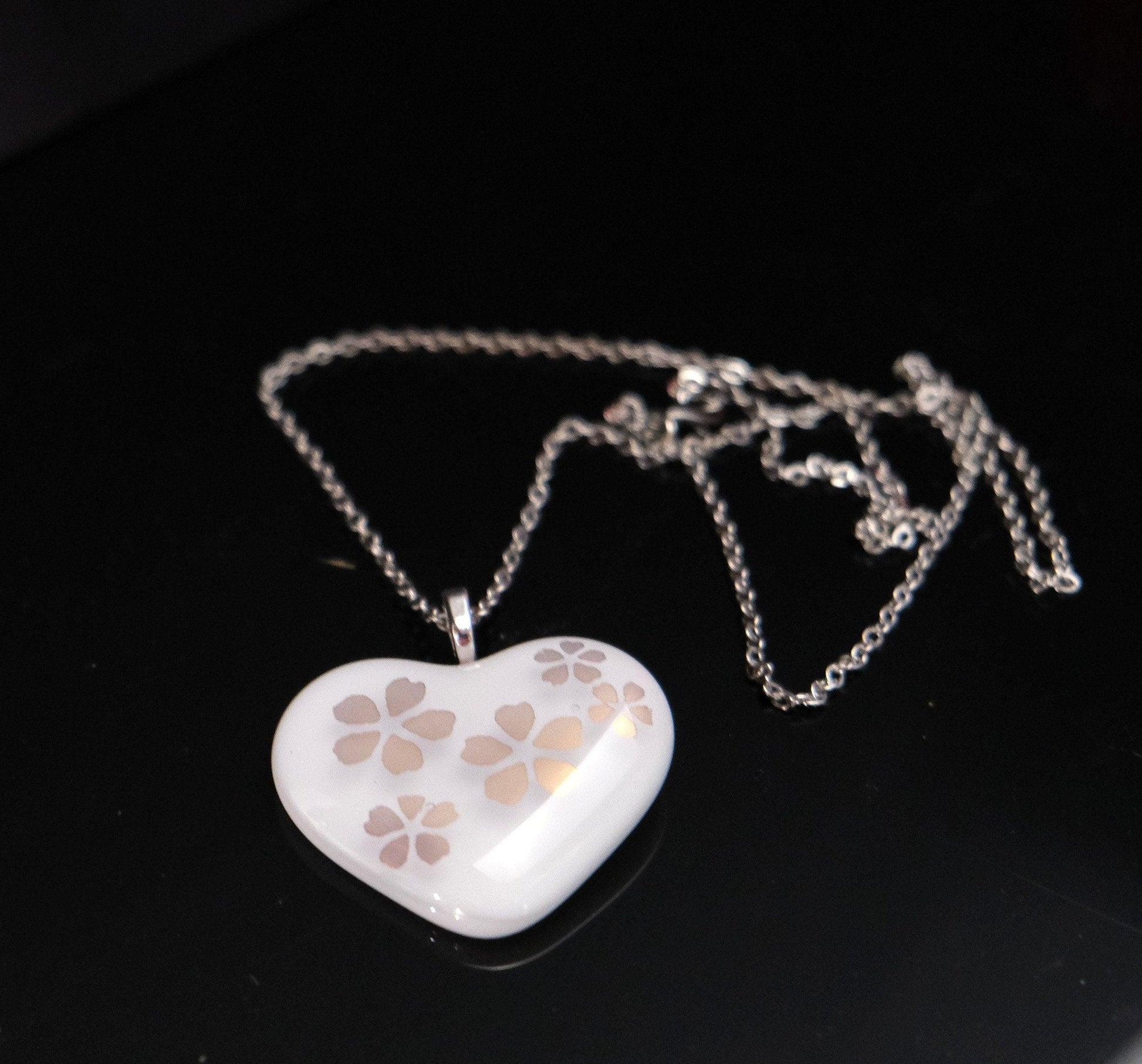 White Fused Glass Heart with Goldish flowers Pendant necklace on 20 inch stainless steel chain seeds glassworks seedsglassworks