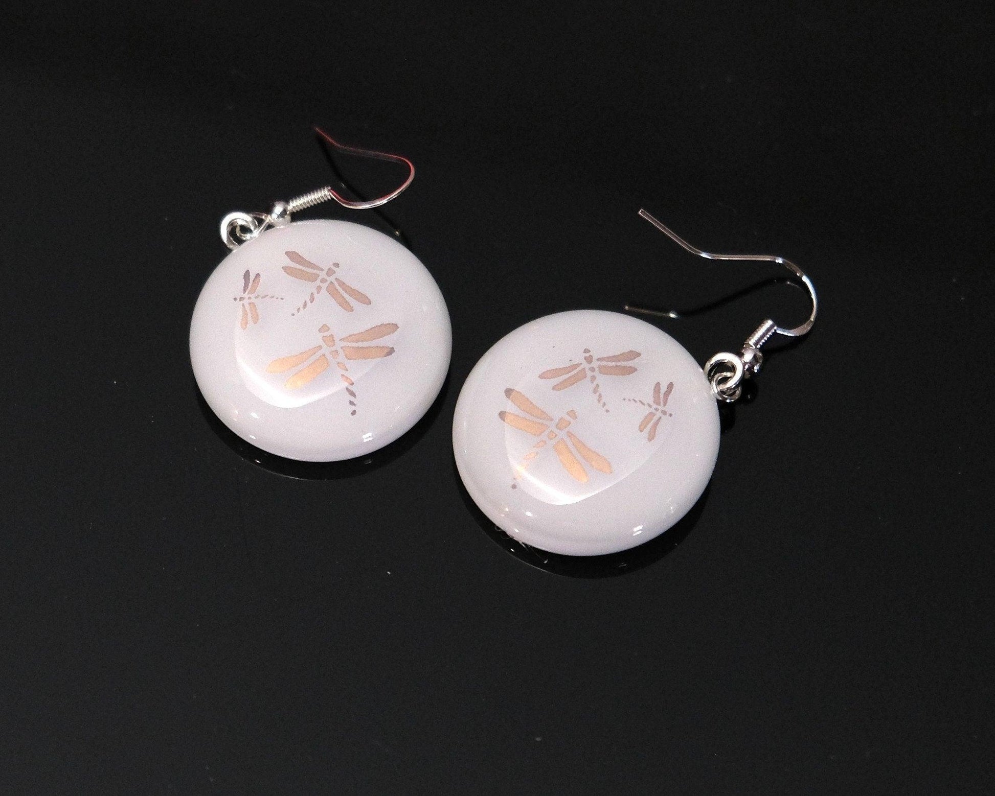 White round shaped glass with gold dragonflies pierced earrings silver wires seeds glassworks seedsglassworks