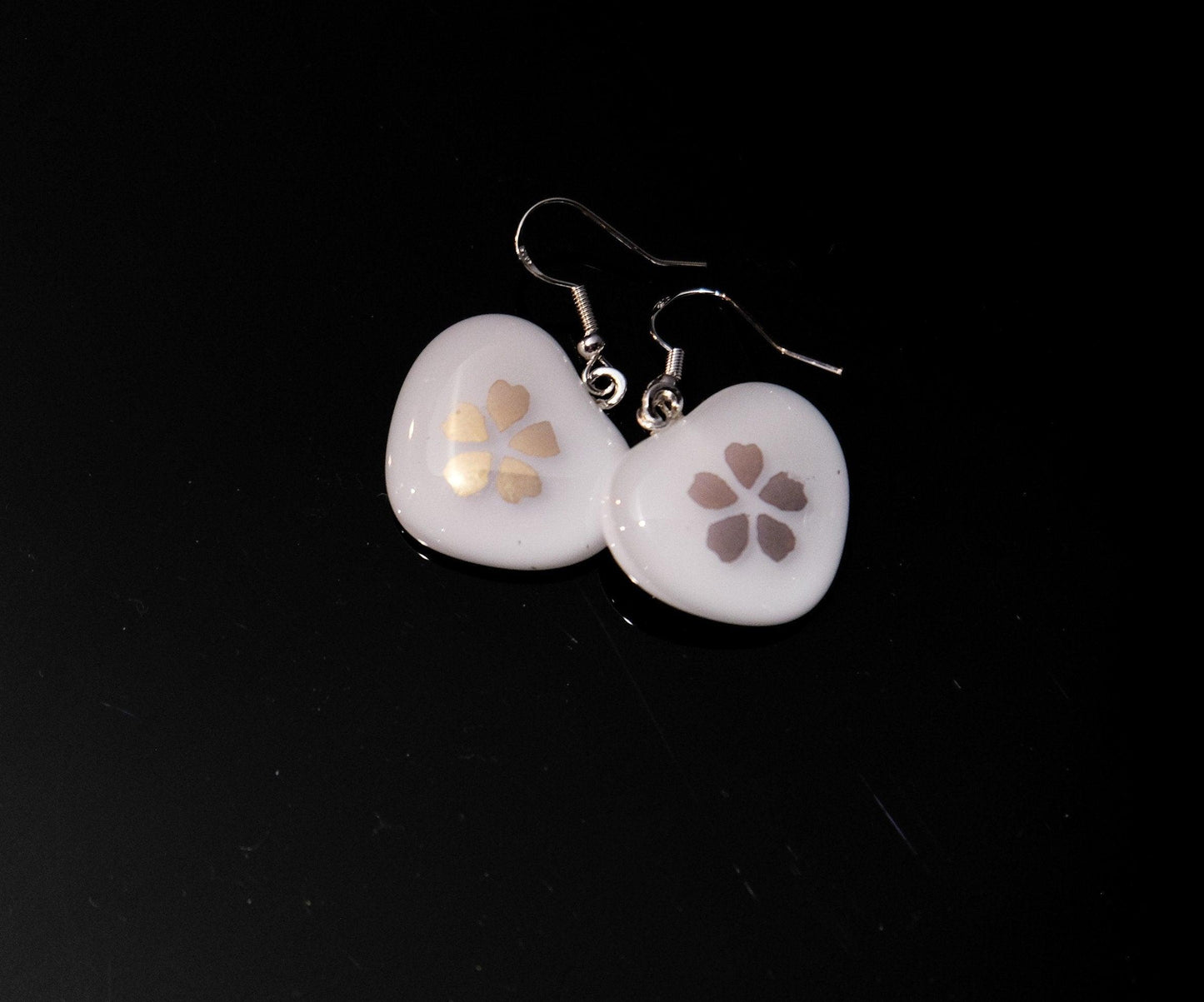 White Heart shaped glass with gold flowers pierced earrings silver wires Seeds Glassworks seedsglassworks