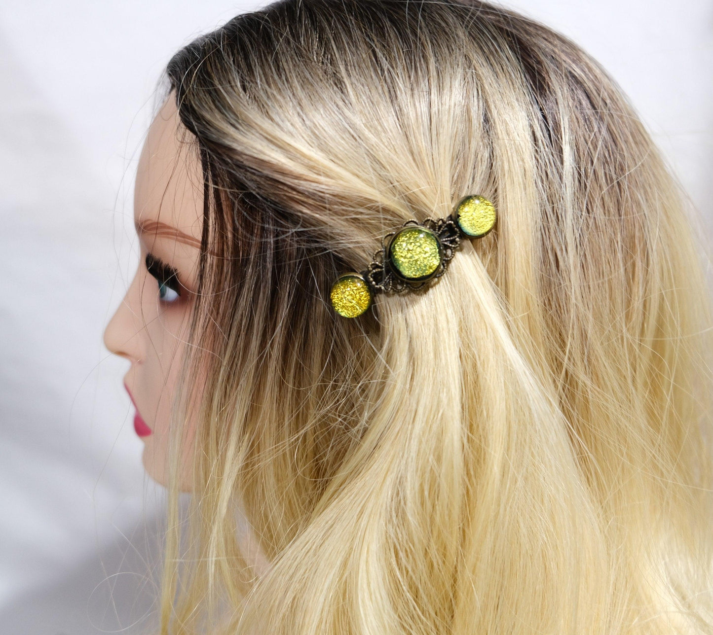 Barrette pair, bronze flowers with yellow/green dichroic fused glass cabochons, french clip, 2 1/4 inches