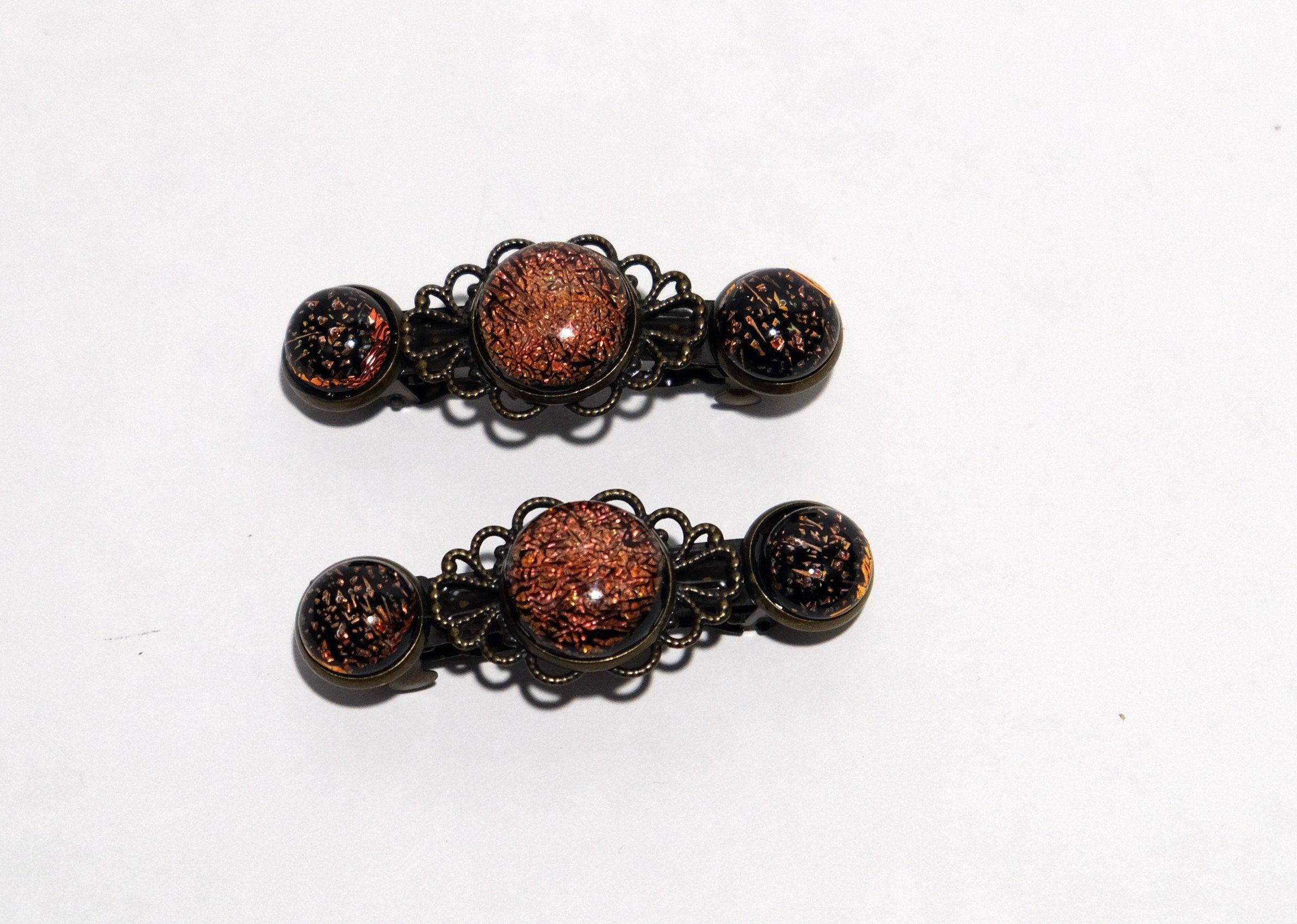 Barrette pair, bronze flowers with orange dichroic fused glass cabochons, french clip, 2 1/4 inches seeds glassworks seedsglassworks