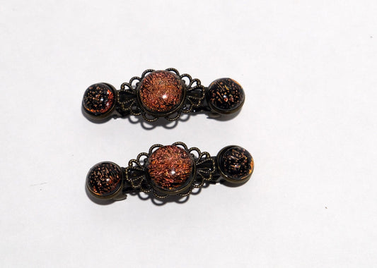 Barrette pair, bronze flowers with orange dichroic fused glass cabochons, french clip, 2 1/4 inches seeds glassworks seedsglassworks