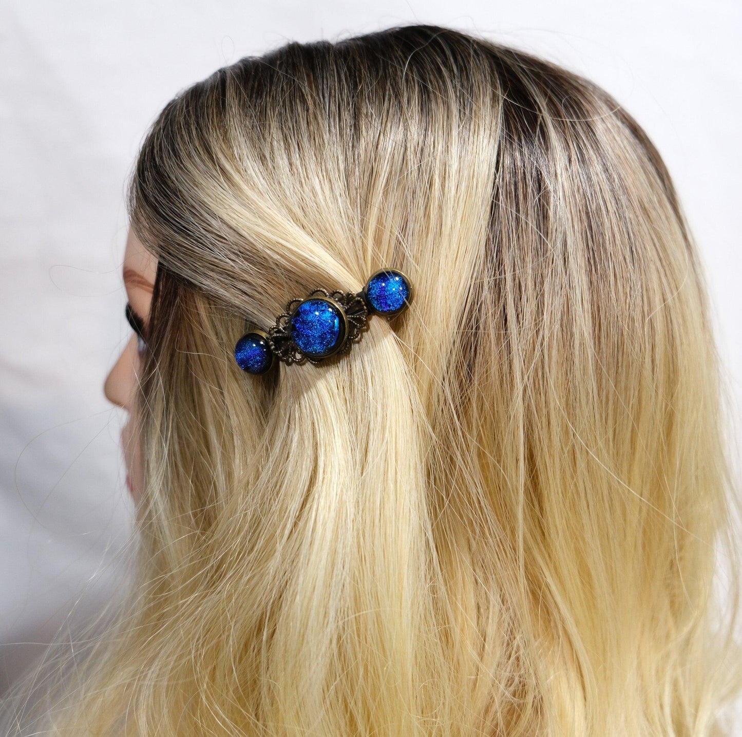 Barrette pair, bronze flowers with blue dichroic fused glass cabochons, french clip, 2 1/4 inches