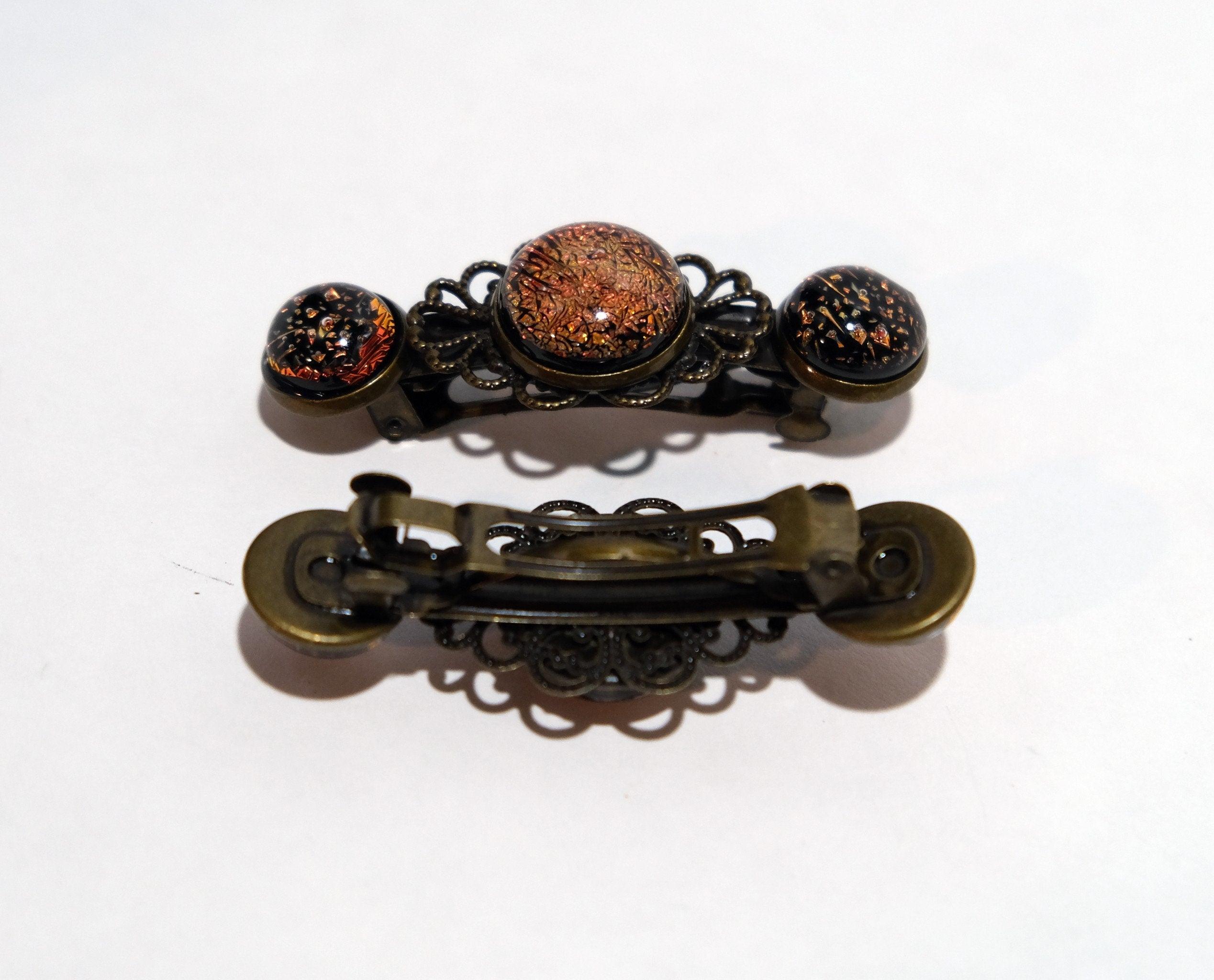Barrette pair, bronze flowers with orange dichroic fused glass cabochons, french clip, 2 1/4 inches seeds glassworks seedsglassworks